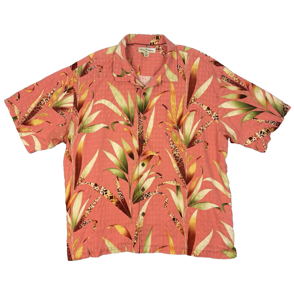 Tommy Bahama Shirt Mens XXL Peach Orange Floral 100%‎ Silk Short Sleeve